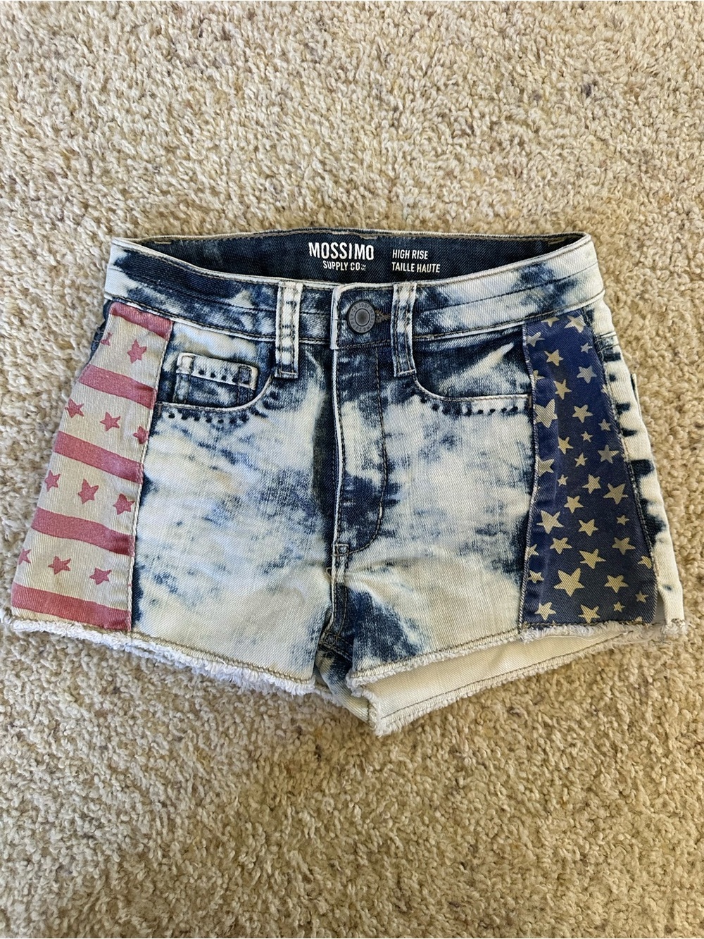 Mossimo Supply Co. High-Rise Tie-Dye Denim Shorts with Red & Blue Flag Panels